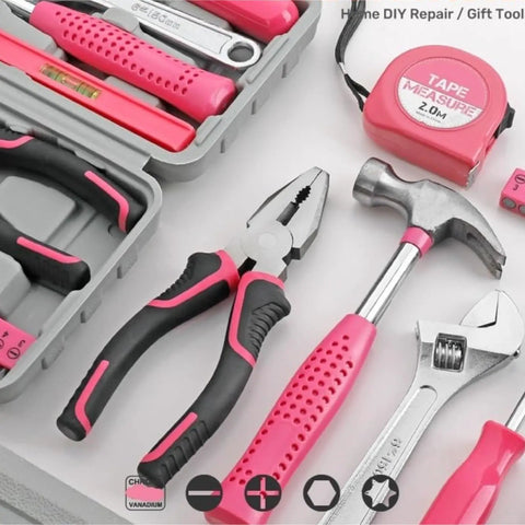 Pink Basic Tool Kit In A Portable Case For College Dorm Home And Office DIY Repairs With Essential Hand Tools And A Clear Easy Access Tray