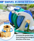 90 Degree Brass Hose Swivel Elbow 3/4 GHT Garden Hose Extension Connector No Kink Protector 360 Degree Rotating Fitting For RV Outdoor Use Heavy Duty Brass No Kink Design on hose reel