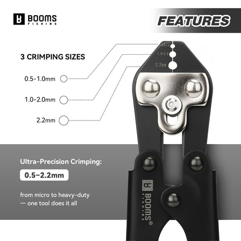 Close-up of 8.8 Inch Heavy Duty Beefed Up Pro Grade Crimping Pliers Kit with size guide for wire and mono up to 2.2mm.