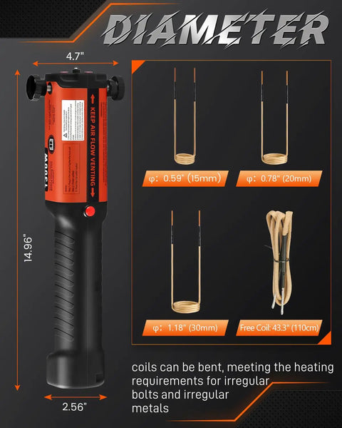 Induction Bolt Removal Kit With 1300W 110V Power showing dimensions and coil sizes for automotive DIY and metal fixes
