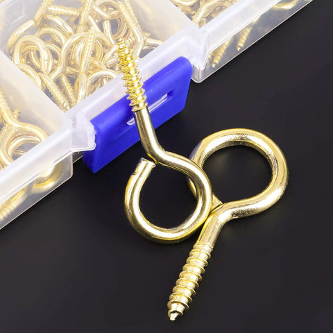 Brass Plated Steel Eye Bolts And Screw Eyes Assortment Kit 240 Pieces 12 Sizes in storage box