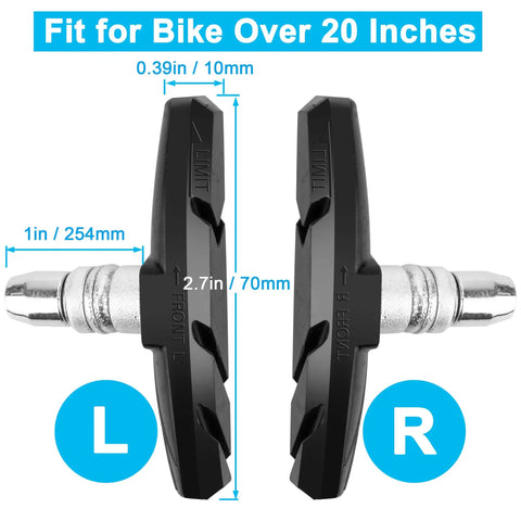 2 Pairs 70mm bike brake pads set for cruiser and MTB universal V brakes with hex nut and shims, black nitrile rubber, L and R