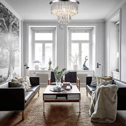 Dope Modern Crystal Chandelier Flush Mount Light With 5 Raindrop Crystals in living room setting, chrome silver fixture, 18x13 inches