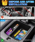 Before and after installation of Outlander Center Console Organizer Tray for 2022 2023 2024 Mitsubishi Not for Outlander Sport with Non Slip Silicone Liners