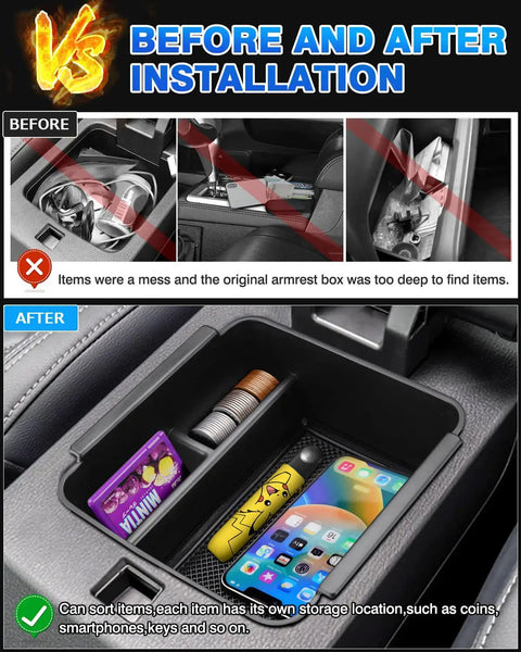 Before and after installation of Outlander Center Console Organizer Tray for 2022 2023 2024 Mitsubishi Not for Outlander Sport with Non Slip Silicone Liners