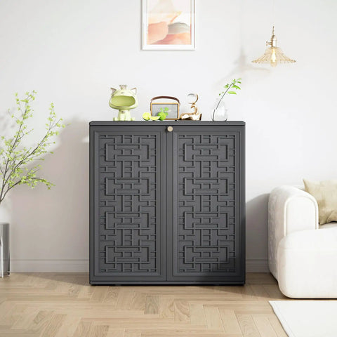 33.3 By 9 By 0.6 Inch Metal Shelf For 60 Gallon Outdoor Storage Cabinet installed in a black cabinet indoors