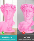 Comparison of matte and glossy PLA 3D printed statues, highlighting the matte texture on the left versus the glossy finish on the right.