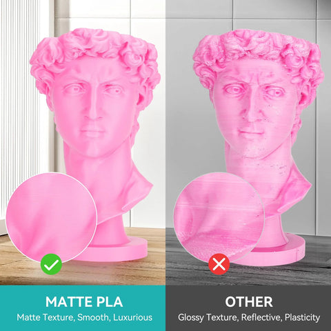 Comparison of matte and glossy PLA 3D printed statues, highlighting the matte texture on the left versus the glossy finish on the right.