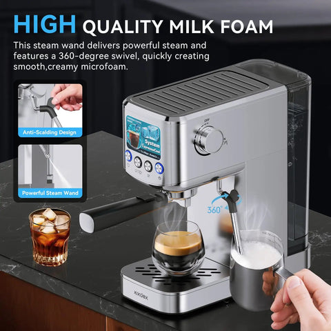 20 Bar Espresso Machine With Milk Frother, Stainless Steel Coffee Maker, 42 Oz Removable Water Tank, Silver, in kitchen