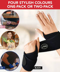 Person wearing black wrist brace for carpal tunnel relief and tendonitis, hand support for fitness and weightlifting, neoprene strap.