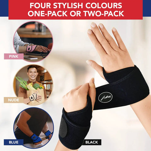 Person wearing black wrist brace for carpal tunnel relief and tendonitis, hand support for fitness and weightlifting, neoprene strap.
