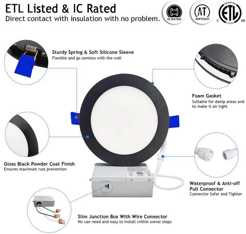 Diagram showing 12 Pack 6 Inch Dimmable LED Recessed Lights Ultra Thin Canless Black with Junction Box 110V 1150LM ETL rated components