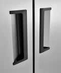 Close-up of the double solid doors' handles on the Industrial Reach In Refrigerator With 47 Cu Ft Hella Spacious Double Solid Doors Commercial Grade Stainless Steel.