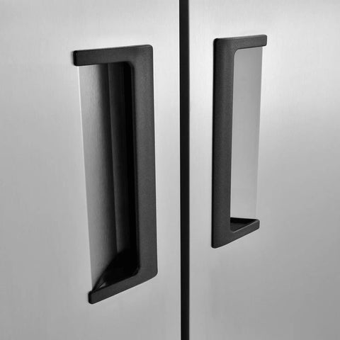 Close-up of the double solid doors' handles on the Industrial Reach In Refrigerator With 47 Cu Ft Hella Spacious Double Solid Doors Commercial Grade Stainless Steel.