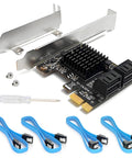 Four Port SATA 3 Gbps PCIe Expansion Card With Cables And Low Profile Bracket Non Raid Bootable System Disk Ready Gives 6Gbps Storage For Desktop PC And Workstation, black PCB with heatsink