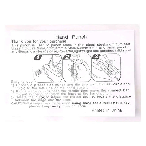 Instructions for Hand Held Power Punch And Sheet Metal Hole Punch Kit With Sizes From Three Thirty Second Inch To Nine Thirty Second Inch