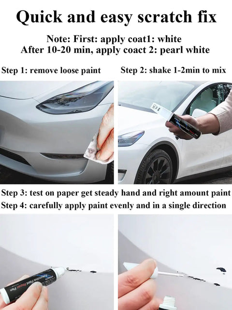 Steps for using Pearl White Touch Up Paint Pen For Tesla Model Y 3 X S 0.4 Oz 2 In 1 Automotive Scratch Repair Kit