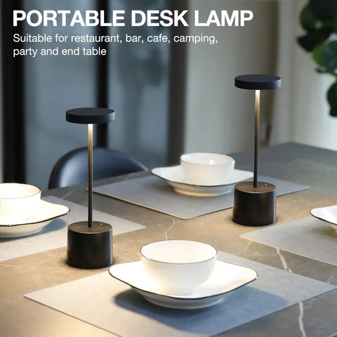 Cordless Table Lamp Set of 2 with 4000mAh Rechargeable Battery on dining table with bowls, ideal for indoor outdoor use.