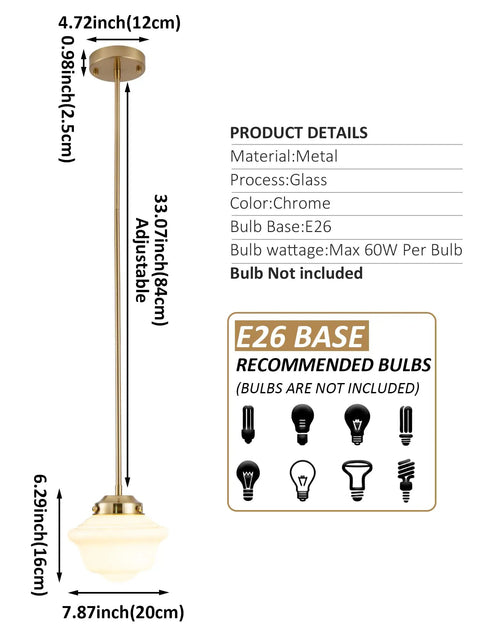 Black 8 Inch Milk Glass Schoolhouse Pendant Light With Adjustable Rods For Farmhouse Ceiling Dope Vintage Vibe Perfect For Living Room Kitchen Dining Hallway Island Pendant Lighting, showing dimensions and recommended bulb types.