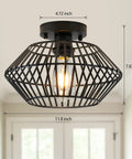 Black Flush Mount Ceiling Light With Dope Metal Cage Design And Industrial Vibe, dimensions shown, in hallway setting