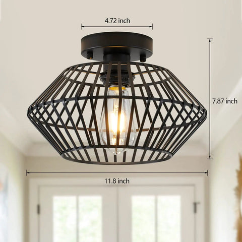 Black Flush Mount Ceiling Light With Dope Metal Cage Design And Industrial Vibe, dimensions shown, in hallway setting