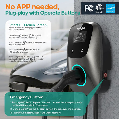 Level 2 EV Charger With WiFi App and Plug In And Go 48 Amp Hardwired Or 38 MPH On NEMA 14 50 Plug 25 Foot Cable.