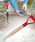 Long Wooden Garden Shovel Replacement Handle 46cm For Digging And Diy Craft Projects Durable Spade Handle With Smooth Finish Easy To Install For Garden Tools Camping And Decoration displayed with shovel in garden setting.