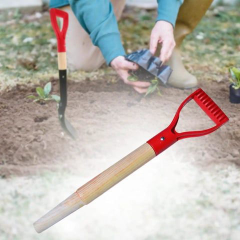 Long Wooden Garden Shovel Replacement Handle 46cm For Digging And Diy Craft Projects Durable Spade Handle With Smooth Finish Easy To Install For Garden Tools Camping And Decoration displayed with shovel in garden setting.