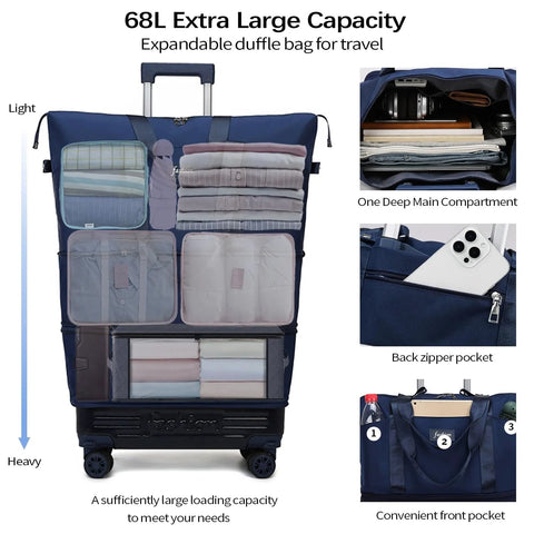 Front view of blue BELLPO rolling duffle bag with wheels and extendable handle, 68L capacity
