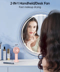 Mini Portable USB Rechargeable Handheld Fan, 3 Speeds, Cute Pink Travel Companion on makeup table with mirror
