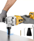 Beast Mode Cordless Metal Nibbler With Assist Handle For Stainless Steel Aluminum Copper, cutting metal with included accessories visible