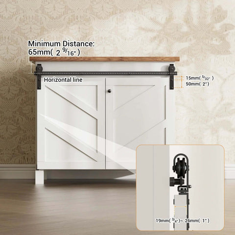 Upgraded 2.5 Foot Mini Folding Sliding Barn Door Hardware Kit For Two Doors Carbon Steel Construction installed on cabinet