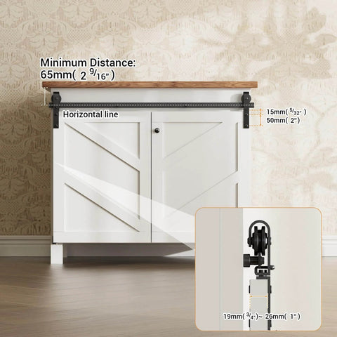 Upgraded 3ft Mini Folding Sliding Barn Door Hardware Kit for Two Doors, Easy Install shown on a white cupboard with measurements