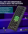 Slick Sixty Percent Wired Mechanical Keyboard Featuring Hall Effect Magnetic Switches With Adjustable Rapid Trigger Mode And An Insanely Fast 8000Hz Polling Rate Plus Hotswappable Pcb And Fully Customizable Rgb For Gamers Locked Into Dominant Gameplay, showing black keycaps and green switches.