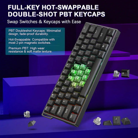 Slick Sixty Percent Wired Mechanical Keyboard Featuring Hall Effect Magnetic Switches With Adjustable Rapid Trigger Mode And An Insanely Fast 8000Hz Polling Rate Plus Hotswappable Pcb And Fully Customizable Rgb For Gamers Locked Into Dominant Gameplay, showing black keycaps and green switches.