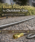 Close-up of Beefy Heavy Duty 50 Ft Stainless Steel Garden Hose With No Kink Design Flexible 304 Stainless Steel Water Hose on gravel