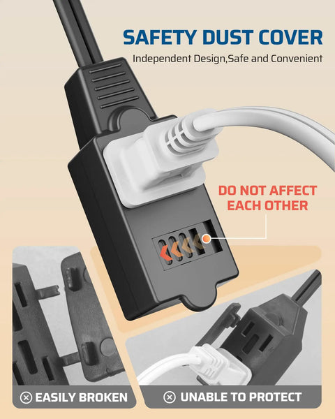 Black extension cord with white plug on Three Outlet Indoor Extension Cord Pack, 3 Ft 16 AWG Power Strip, ETL listed