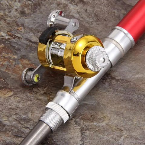 Close-up of Pocket Size Pen Fishing Pole And Reel Combo For Travel, featuring telescopic mini rod and rust resistant reel.