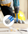 9-piece dry diamond drill bit set, blue, side view of drill bit in use for tile and stone, 6–12 mm.