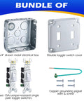 Two Gang Double Switch Box Kit with 4x4 Inch Metal Electrical Box and Two 15 Amp Tamper Resistant Single Pole Toggle Switches Full Switch Cover Copper Grounding Pigtail Wire and Mounting Screws bundle