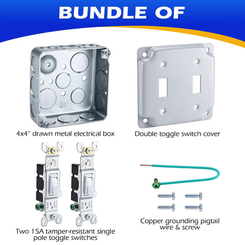 Two Gang Double Switch Box Kit with 4x4 Inch Metal Electrical Box and Two 15 Amp Tamper Resistant Single Pole Toggle Switches Full Switch Cover Copper Grounding Pigtail Wire and Mounting Screws bundle