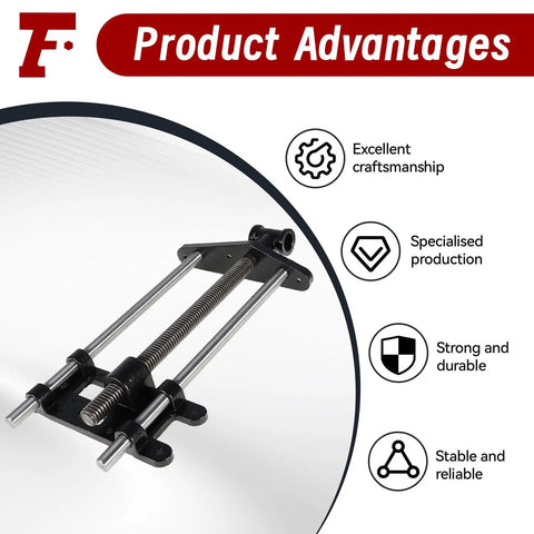 Tough As Nails Ten Inch Woodworking Front Vise Cast Iron Heavy Duty Workbench Mount with black cast iron frame and steel rods.