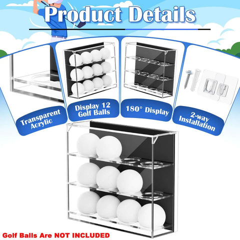 Wall Mount Acrylic Golf Ball Display Case With 3 Tiers Holds 12 Balls, Clear Showpiece Storage Box For Collections And Memorabilia