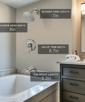 Slick Brushed Nickel Tub Shower Faucet Trim Kit With Smooth Single Handle Controls dimensions on wall. Shower and tub specifications.