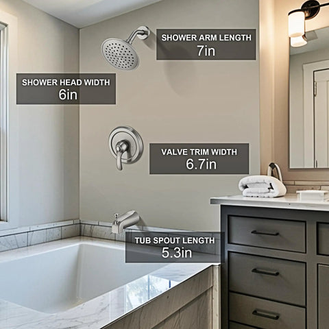 Slick Brushed Nickel Tub Shower Faucet Trim Kit With Smooth Single Handle Controls dimensions on wall. Shower and tub specifications.