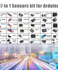 37 In 1 Sensor Module Starter Kit For Arduino And Microcontrollers Including Infrared Temperature Obstacle Avoidance Buzzer And More Sensors Complete Beginner Friendly Electronics Essentials Set displayed with cityscape background