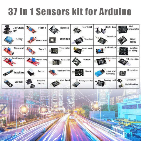 37 In 1 Sensor Module Starter Kit For Arduino And Microcontrollers Including Infrared Temperature Obstacle Avoidance Buzzer And More Sensors Complete Beginner Friendly Electronics Essentials Set displayed with cityscape background