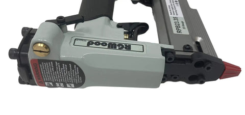 Heavy Duty Pneumatic 23 Gauge Brad Nailer Shoots Straight Through Detail Work With 6000 Piece Headless Pin Kit and Built In Air Duster side view