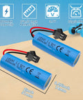 3.7V 800mAh Li Ion Battery Two Pack With USB Chargers SM 2P Plug For RC Cars and Toy Cars on sandy background