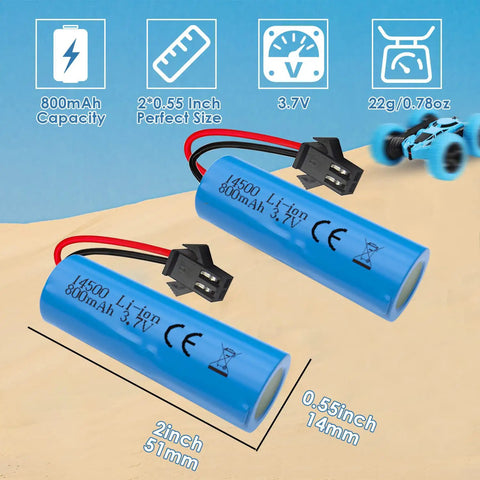 3.7V 800mAh Li Ion Battery Two Pack With USB Chargers SM 2P Plug For RC Cars and Toy Cars on sandy background